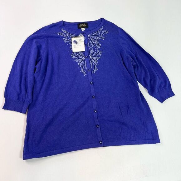 NWT Bob Mackie Sweater Womens Medium Blue Embroidered Sequin Button-Up Cardigan - Picture 1 of 12